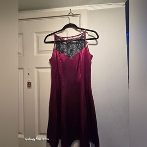 Satin Slip Dress with Black Lace Yoke - Burgundy Size 7/8